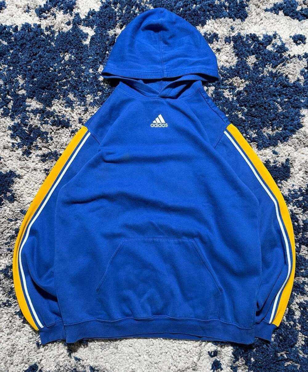 Adidas Blue and Yellow Sleeve Stripe Hoodie Sweatshirt
